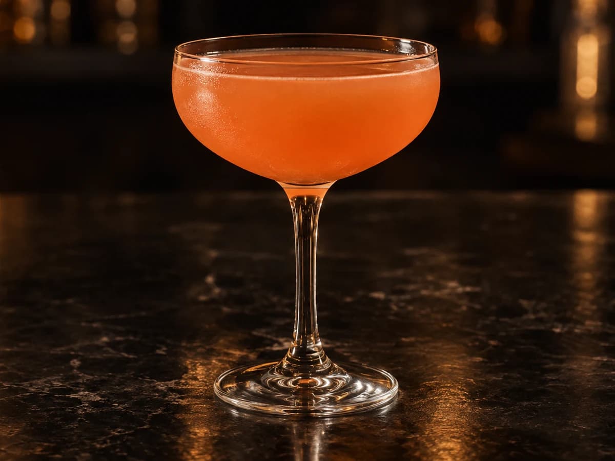 Naked & Famous i ett kylt coupeglas, med en klar aprikosorange färg och utan garnering.