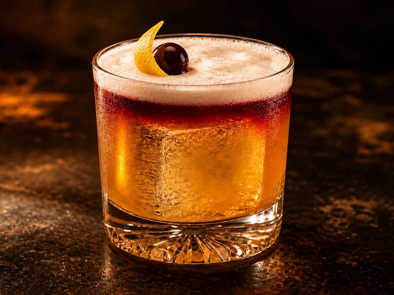 New York Sour i ett lågt glas med gyllene whiskey, ett tunt rödvinslager under luftigt äggviteskum och citronzest.