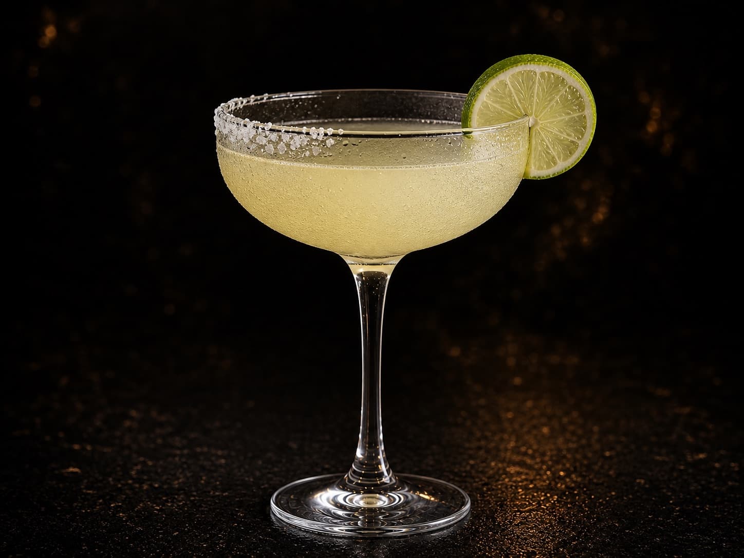 Virgin Margarita i ett kylt coupeglas med ljus limefärgad drink, saltkant och lime.