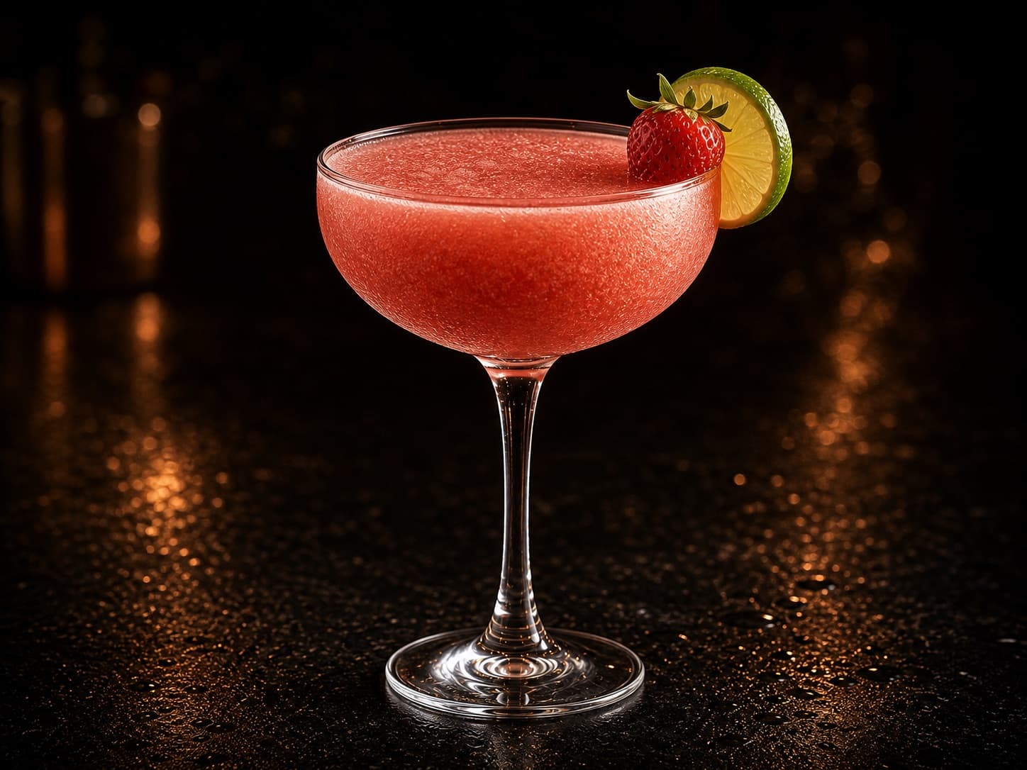 Virgin Strawberry Daiquiri i ett coupeglas med frostig rosa jordgubbsdrink, lime och jordgubbe.