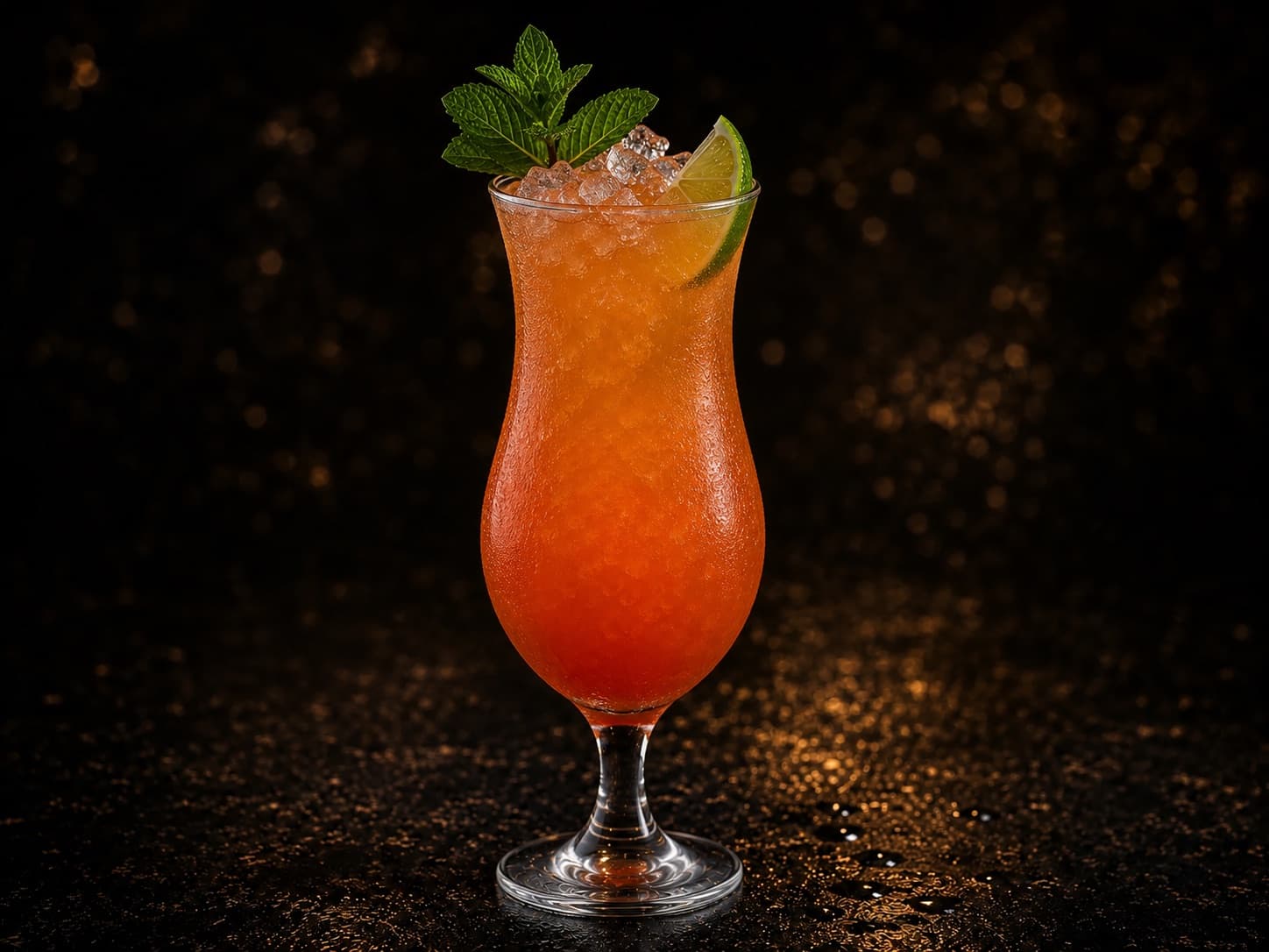 Zombie i ett högt glas med rödorange tropisk romdrink, krossad is och mynta.